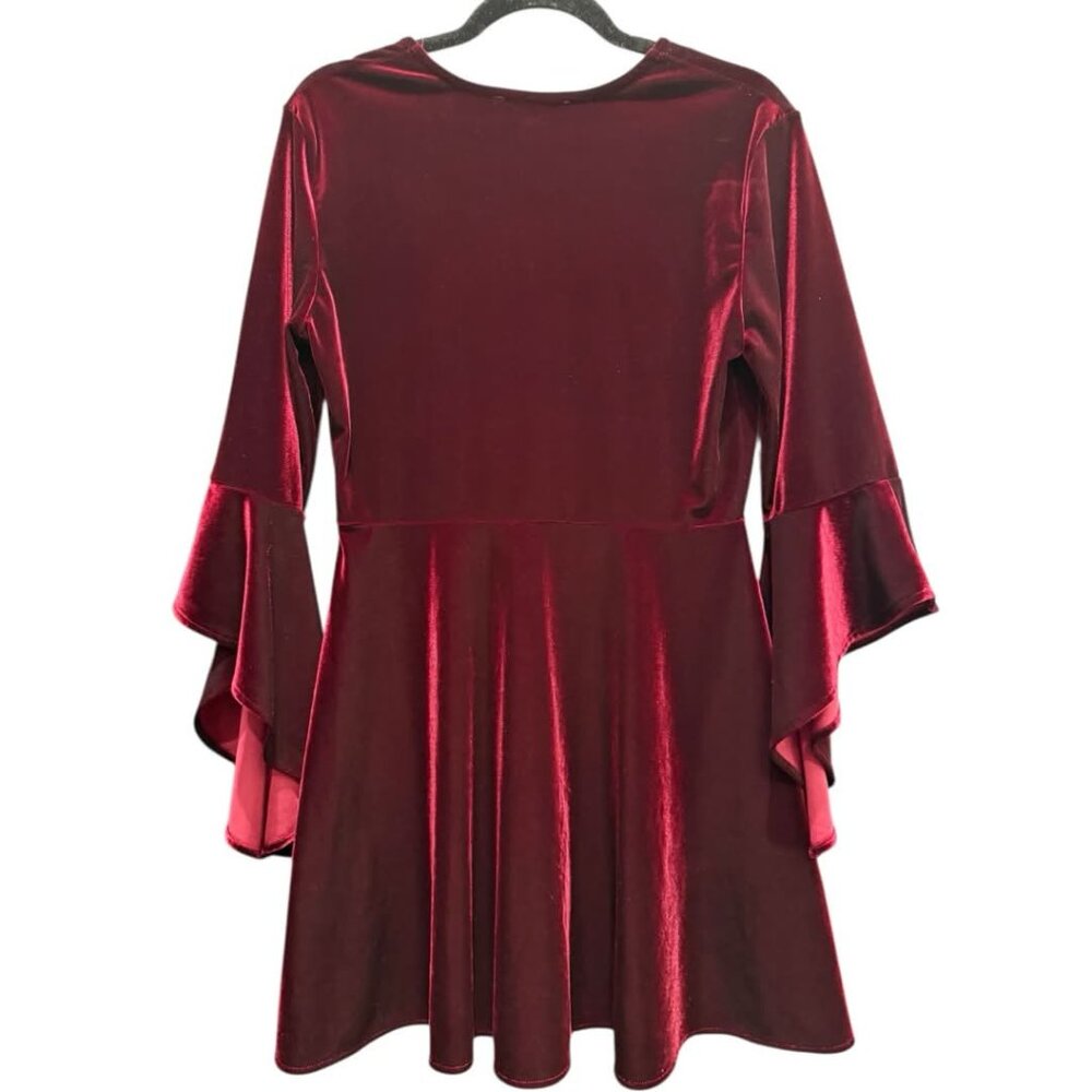 Lulus Wrapped in Luxe Burgundy Velvet Bell Sleeve Skater Dress - Picture 5 of 7